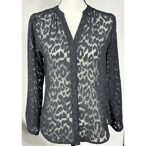 Ann Taylor Blouse Womens Petite Small Black Sheer Button Up Animal Print Leopard